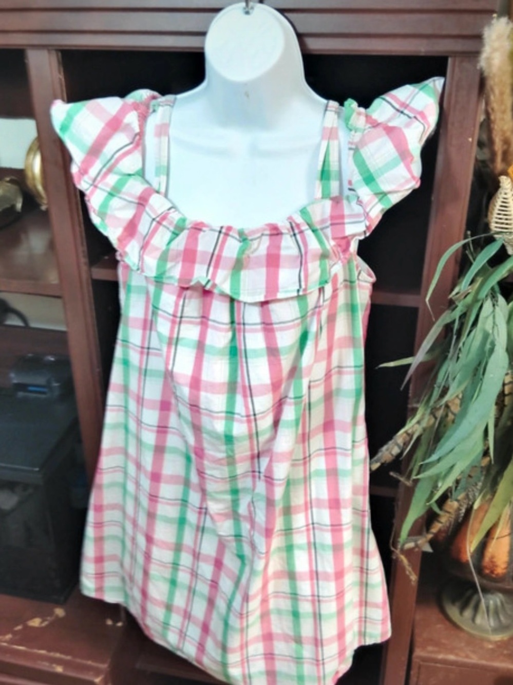 crown & ivy Pink and Green Plaid Ruffle-Shoulder Button-Front Top - Picture 2 of 6